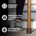 Wooden cane with text highlighting features like weight, durability, and versatility.