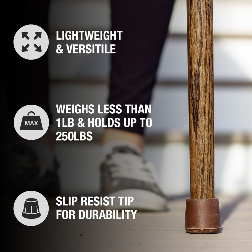 Cane with wooden handle and slip-resist tip, featuring text on weight and durability.