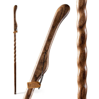 Three wooden walking sticks with a brand tag on a white background