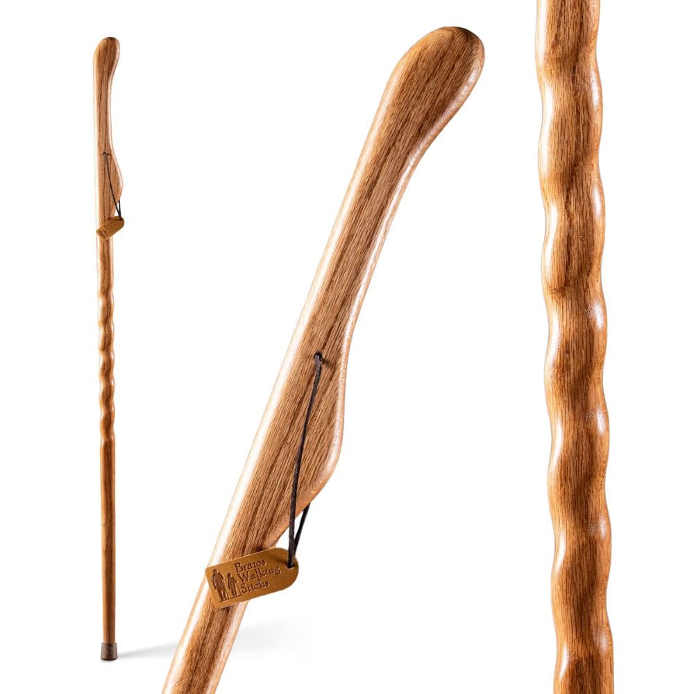 Three wooden walking sticks on a white background with a brand label.