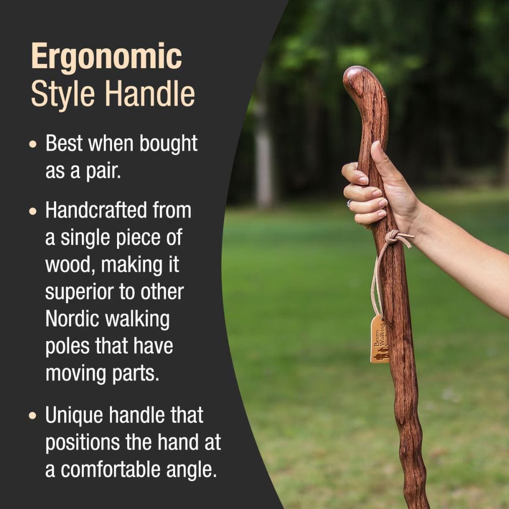 Wooden walking pole with hand holding it, set against a blurred natural background.