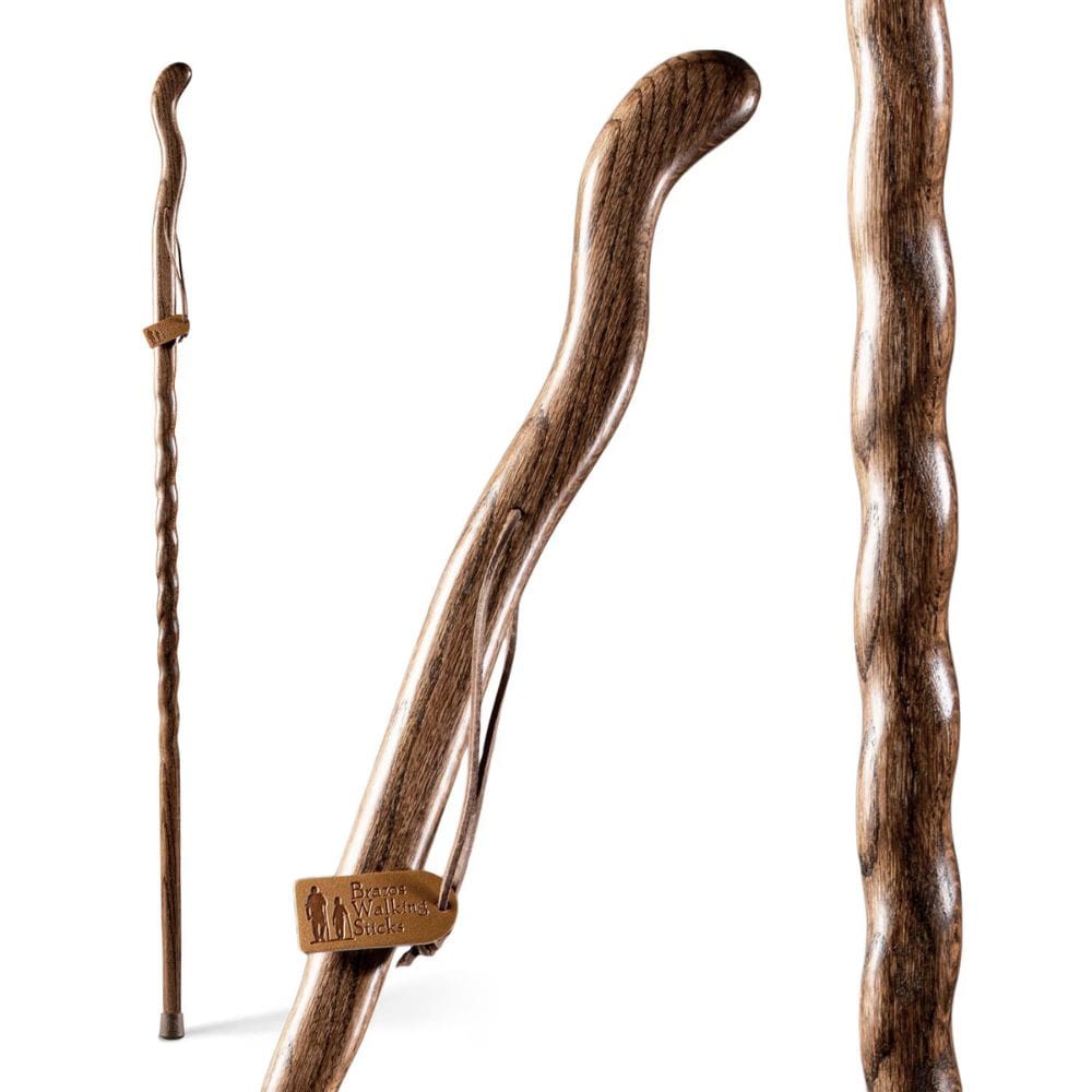 Three wooden walking sticks with a brand logo on a white background