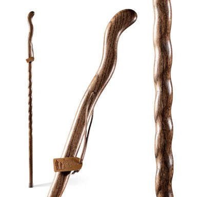 Three wooden walking sticks with a brand logo on a white background