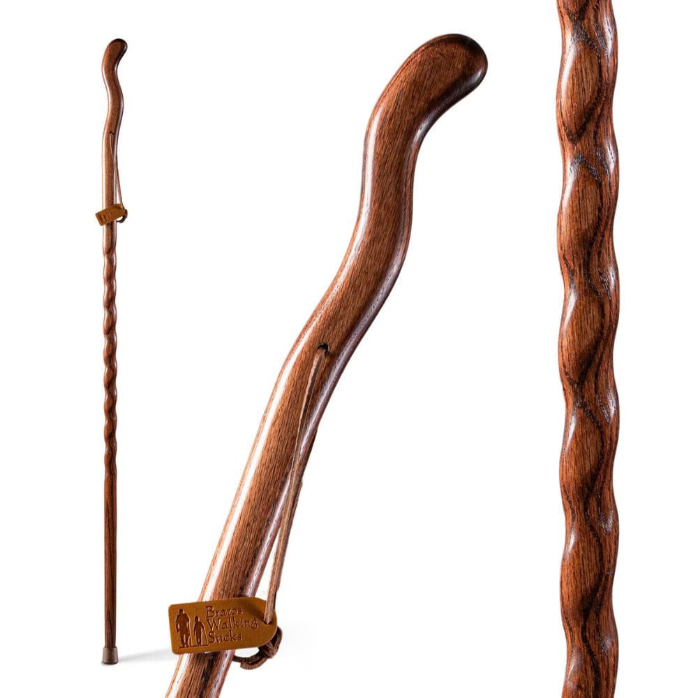 Three wooden walking sticks with a brand label on a white background