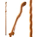 Three wooden walking sticks with a brand label on a white background