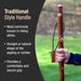 Hand holding a wooden hiking stick with text about traditional style handles.