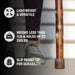 Wooden walking stick with text highlighting its features on a blurred background
