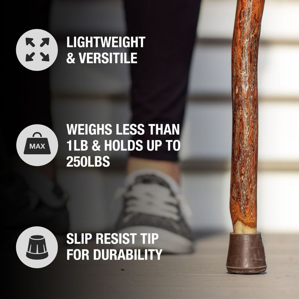 Cane with text highlighting its features on a blurred background