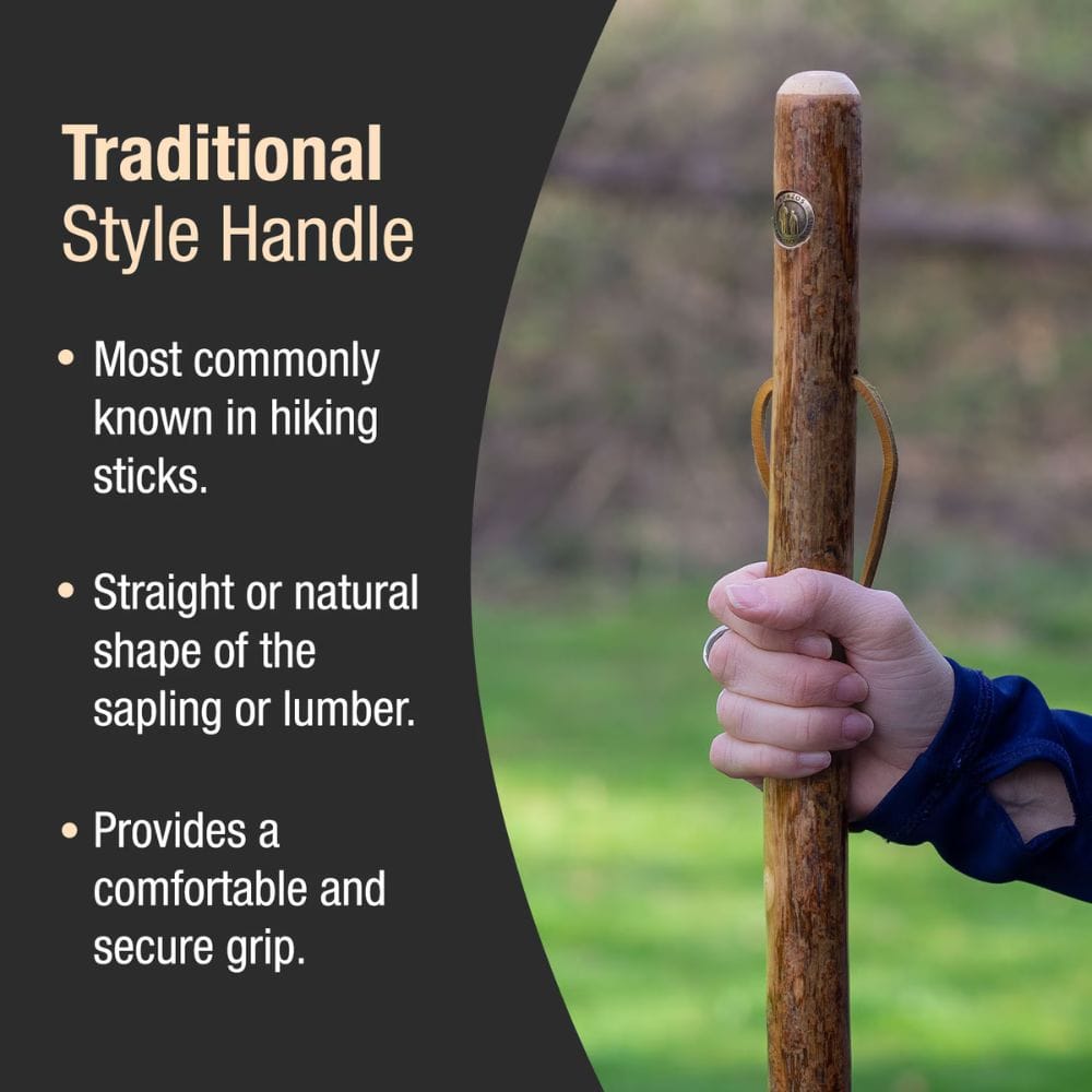 Hand holding a wooden hiking stick with text about traditional style handles.