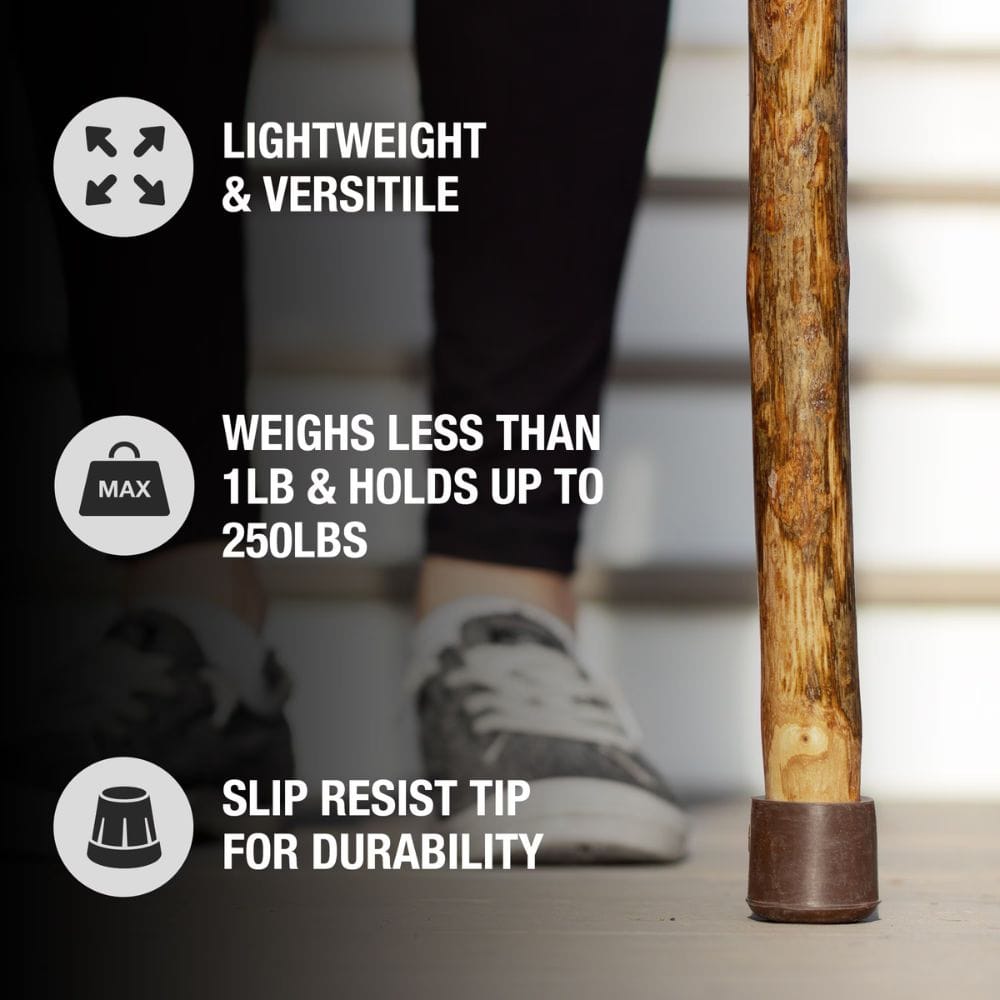 Wooden cane with text highlighting its features on a blurred background