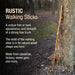 Rustic walking stick leaning against a tree in a forest setting with descriptive text.