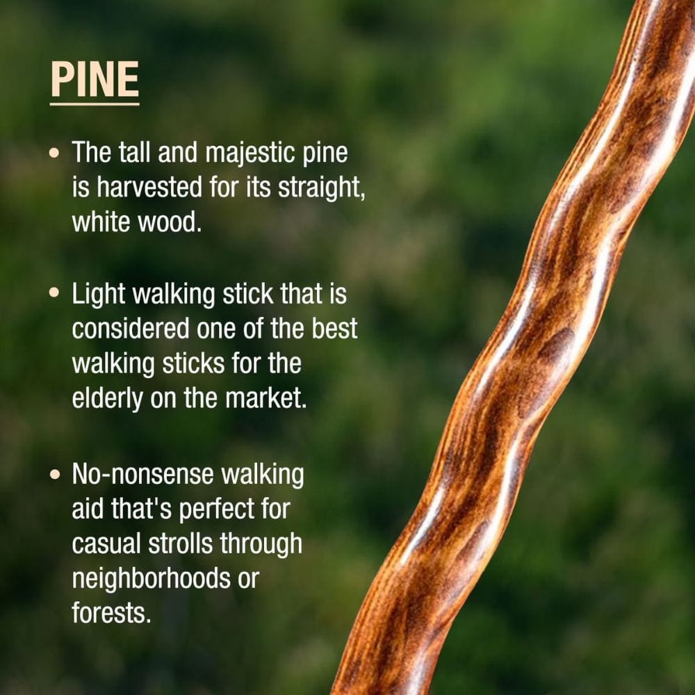 Wooden walking stick with text about pine walking sticks on a blurred green background