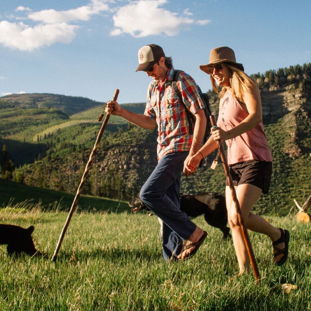 Two people hiking with a dog in a mountainous area