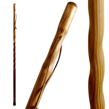Three wooden walking sticks of different designs on a white background