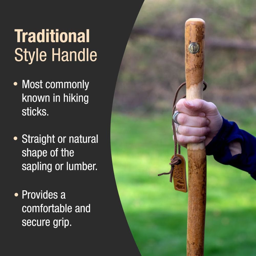 Hand holding a hiking stick with text about traditional style handles
