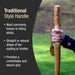 Hand holding a hiking stick with text about traditional style handles