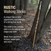 Rustic walking stick leaning against a tree in a forest setting with descriptive text.