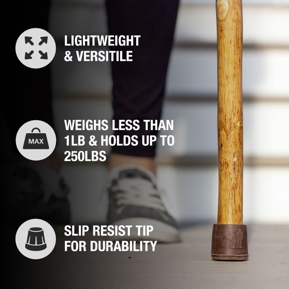 Cane with text highlighting features like weight, durability, and versatility.