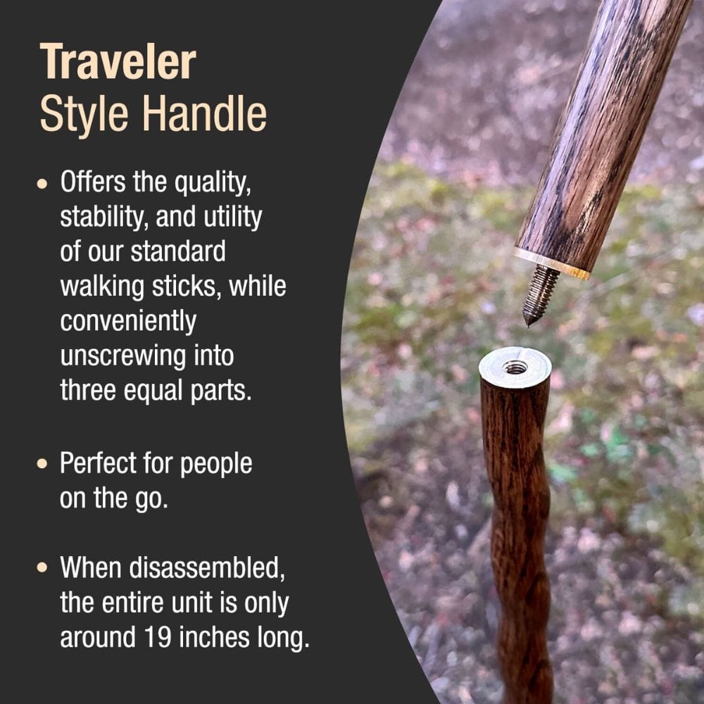 Traveler style handle of a walking stick with text describing its features.