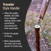 Traveler style handle of a walking stick with text describing its features.