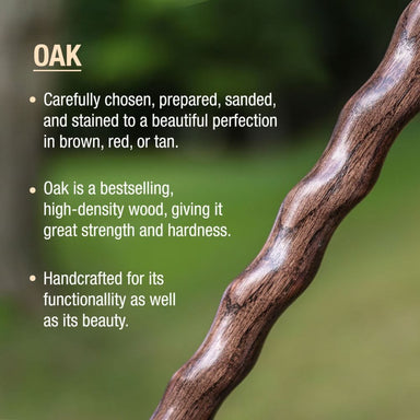 Oak wood branch with text about oak properties on a blurred green background