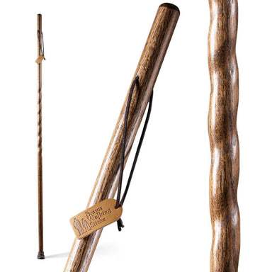 Three wooden walking sticks with a visible brand logo on a white background