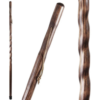 Three wooden walking sticks with different designs on a white background