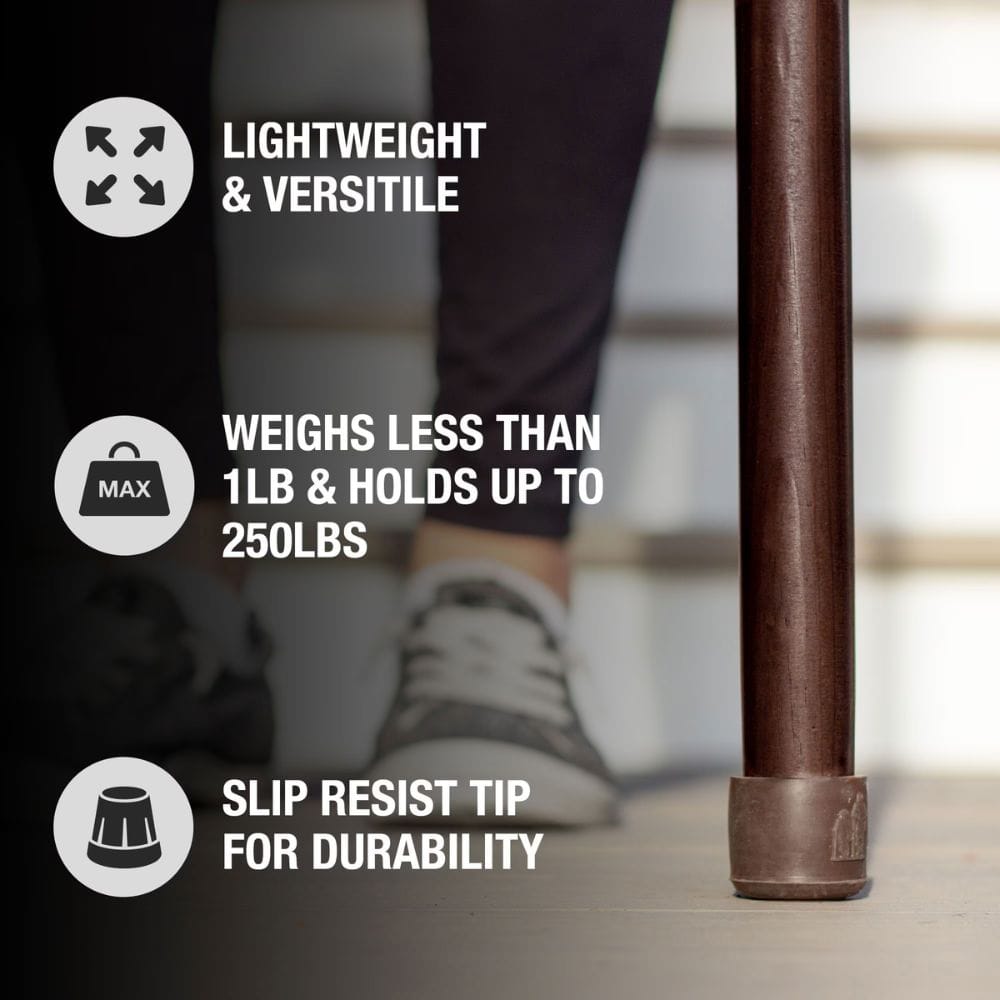 Brown cane with text highlighting features like weight, durability, and versatility.