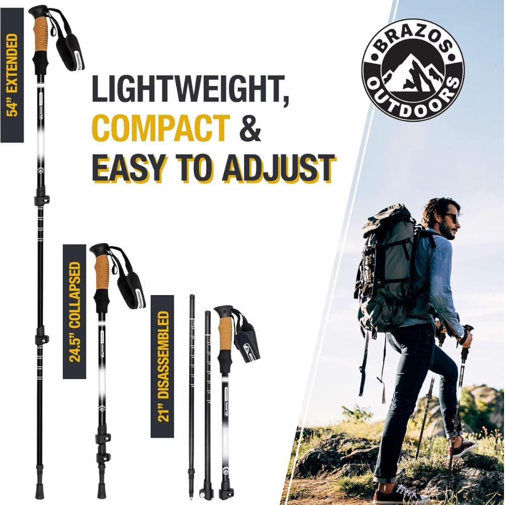 Brazos Outdoors hiking poles with text on their length and a person with a backpack in the background.