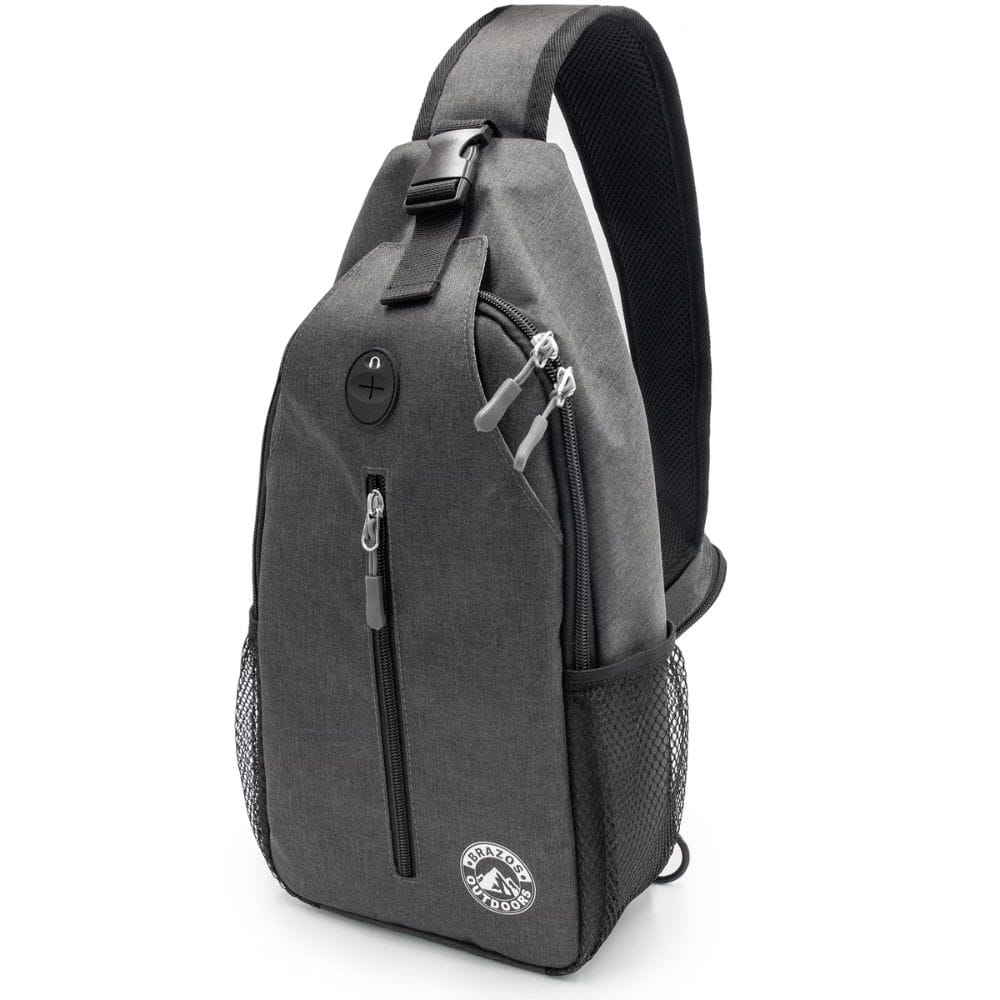 Gray sling bag with zippers and a visible brand logo on a white background