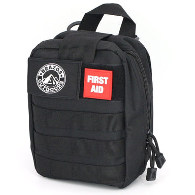 Black tactical first aid kit with visible branding on a white background