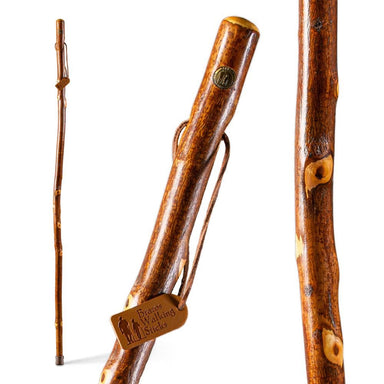 Two wooden walking sticks with a brand tag on a white background
