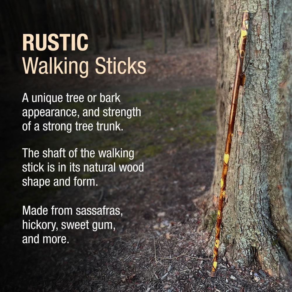 Rustic walking stick leaning against a tree with descriptive text about its features.