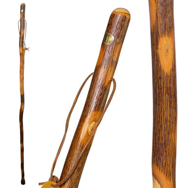 Wooden walking stick with a strap on a white background