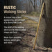 Rustic walking stick leaning against a tree with descriptive text about its features.