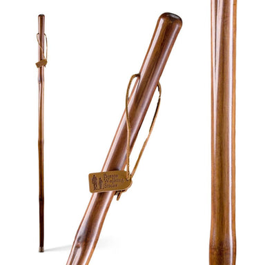 Wooden walking stick with a gold tag on a white background