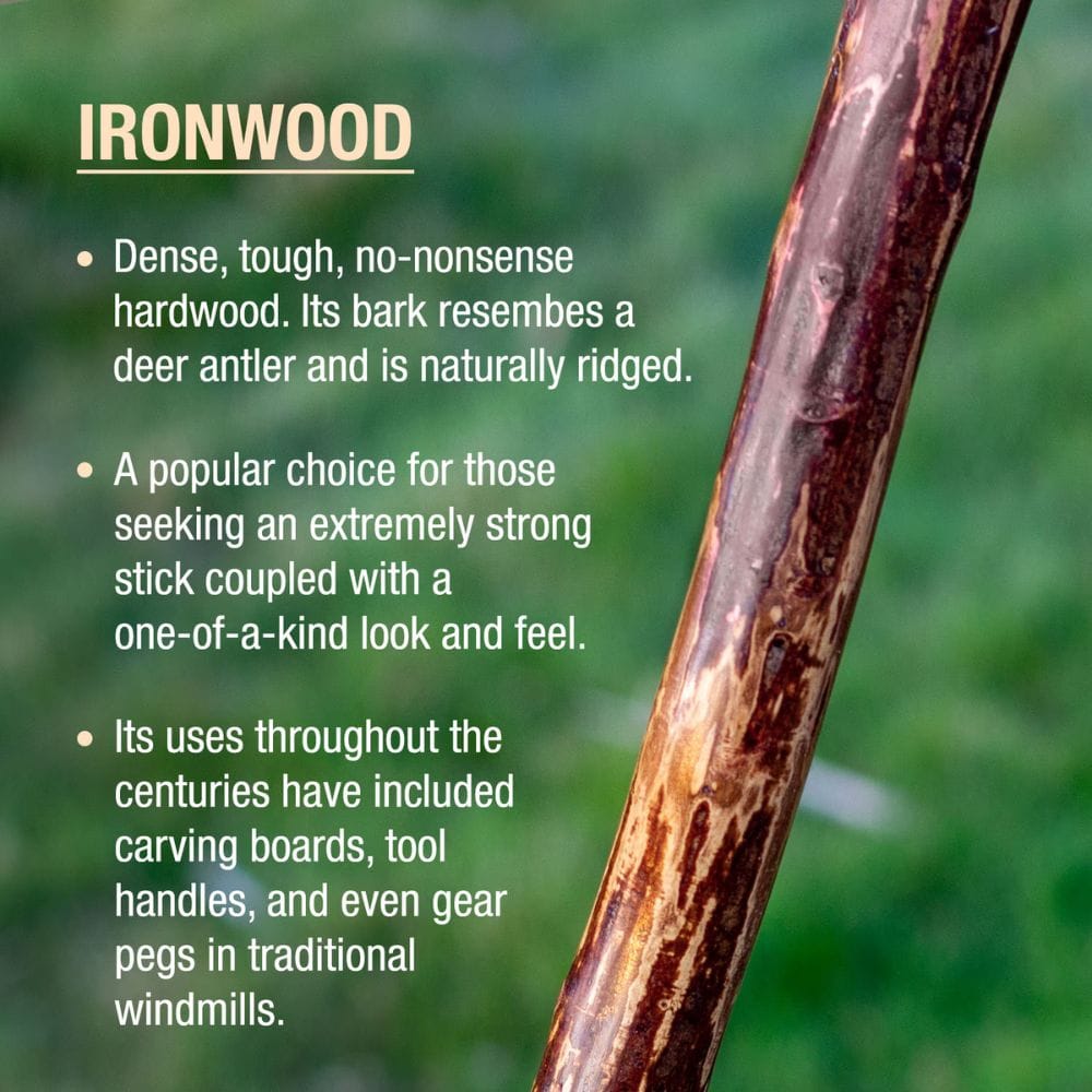 Ironwood stick with descriptive text on a blurred green background