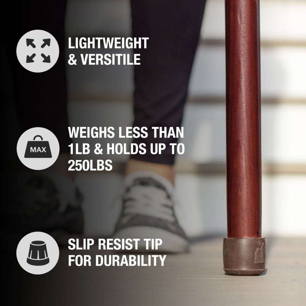 Wooden leg with slip resist tip and text highlighting features on a blurred background