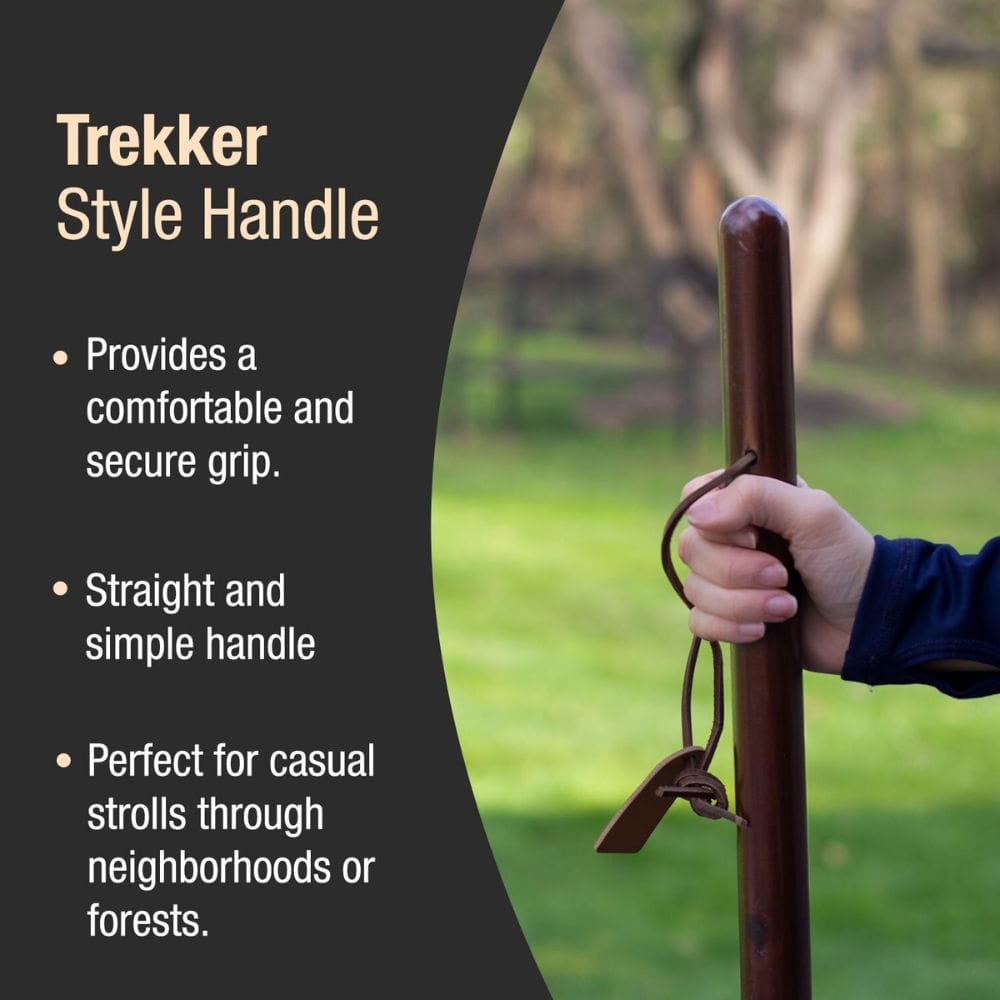Trekker style handle with text describing its features and uses, set against a blurred outdoor background.