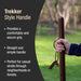 Trekker style handle with text describing its features and uses, set against a blurred outdoor background.