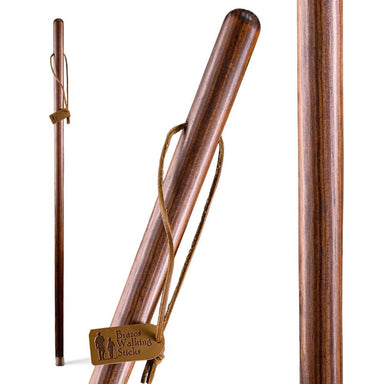 Wooden walking stick with a branded tag on a white background