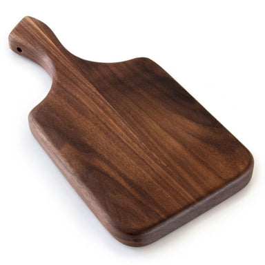 Wooden cutting board with handle on a white background