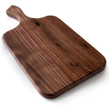 Wooden cutting board with handle on a white background