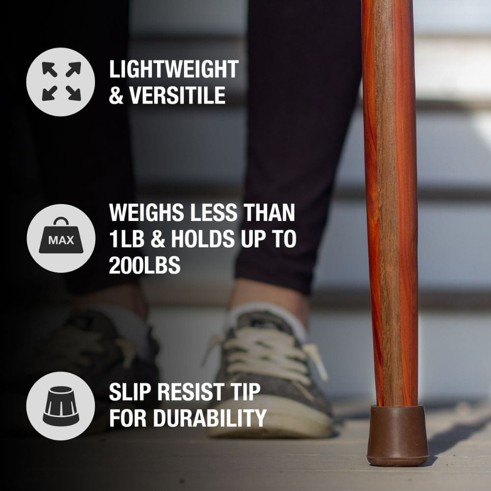 Wooden cane with text highlighting features on a blurred background