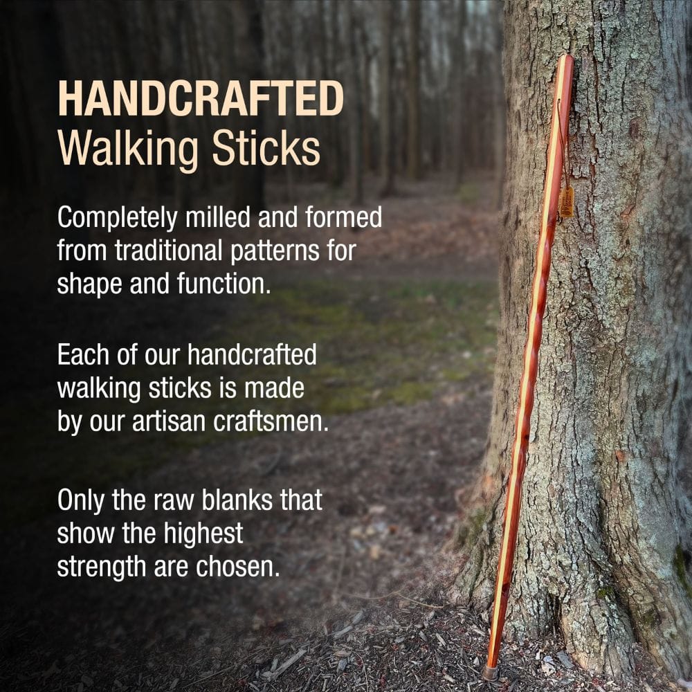 Handcrafted walking stick leaning against a tree with text about craftsmanship.