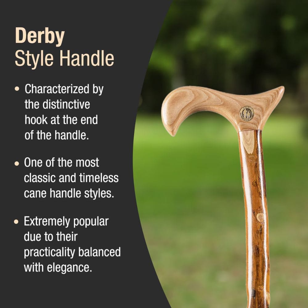 Wooden cane handle with text describing Derby style handle特点