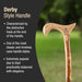 Wooden cane handle with text describing Derby style handle特点