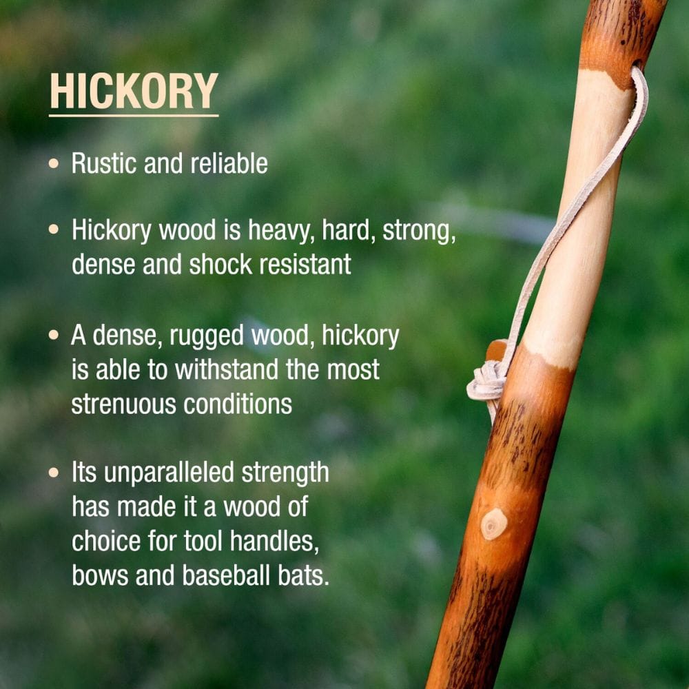 Hickory wood stick with text about its properties on a blurred green background