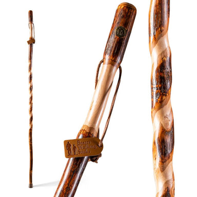 Wooden walking sticks with a brand logo on a white background