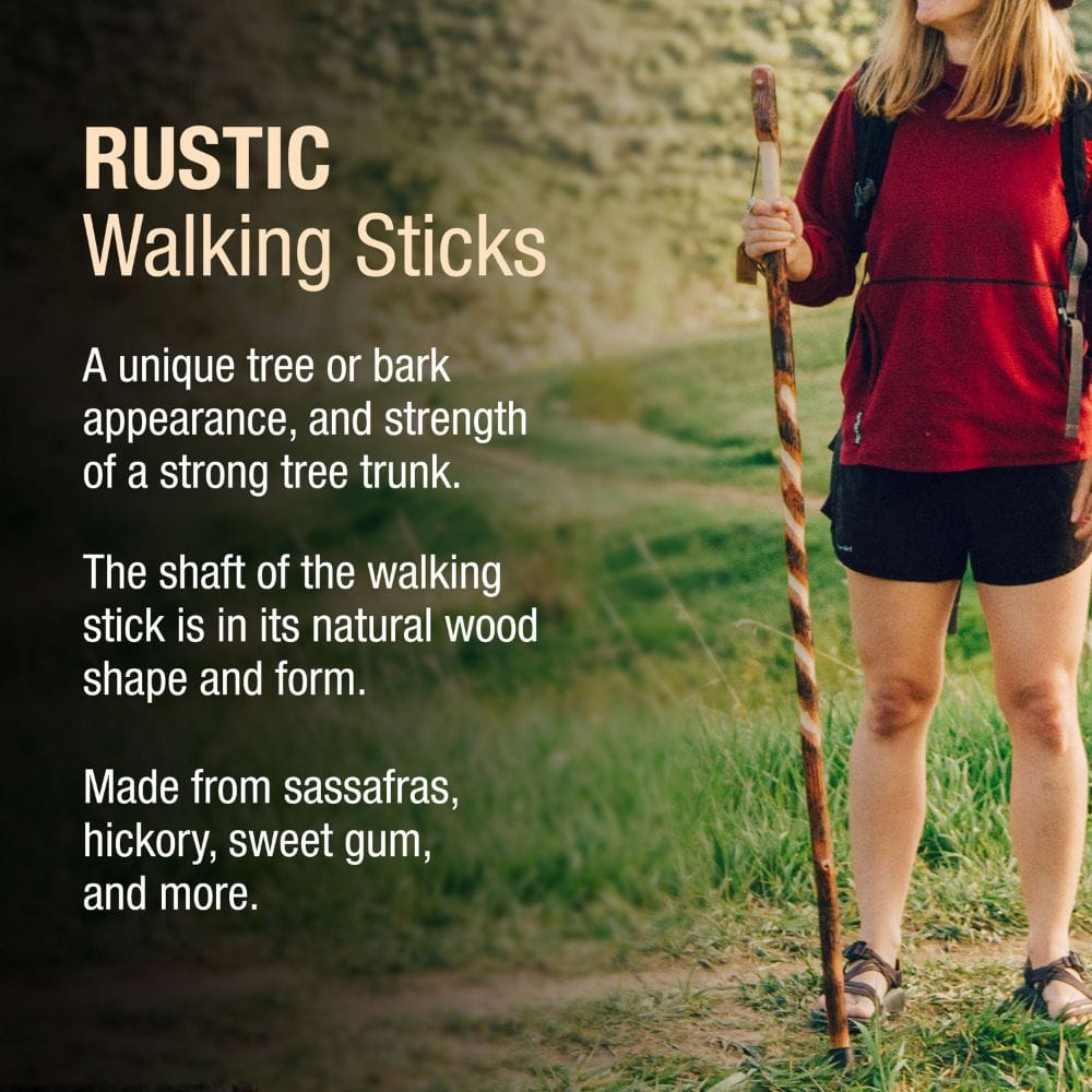 Person holding a rustic walking stick in a natural setting with text about rustic walking sticks.
